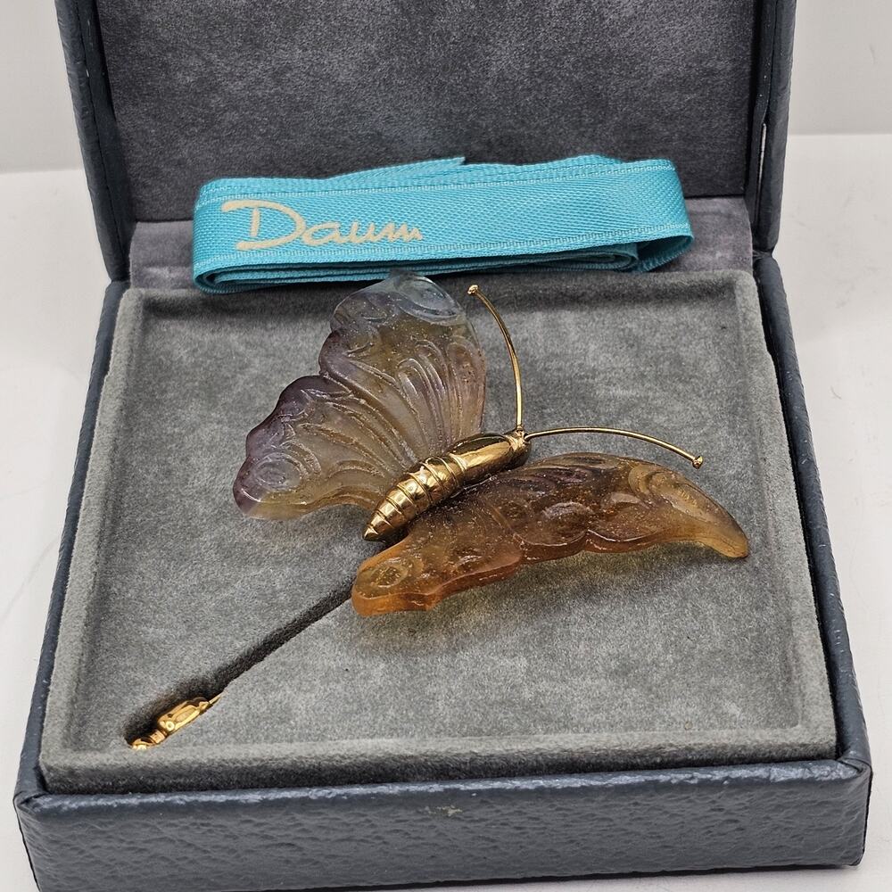 Vintage Daum Violet Butterfly Art Glass Gold Tone Stick Pin Brooch IOB